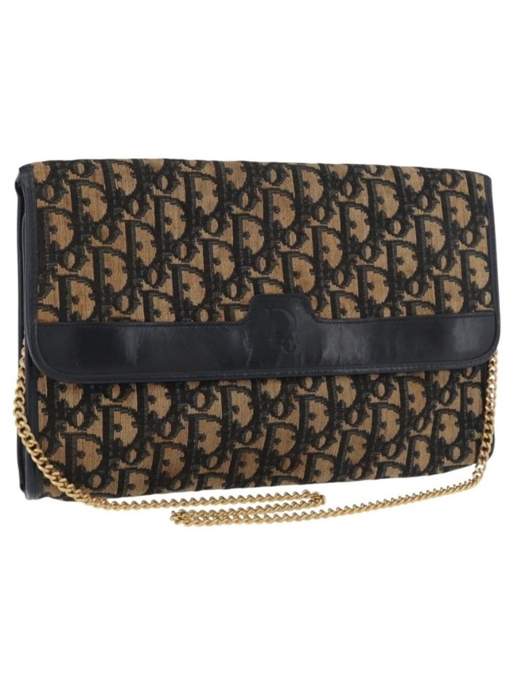 Authentic Christian Dior Trotter Canvas Chain Shoulder Bag Navy Gold